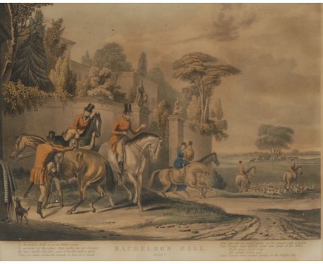 Hunting - Charles Hunt, by,  Francis Calcraft Turner, after, a set of six, Bachelor's Hall, couloured engravings, 29cm x 36cm