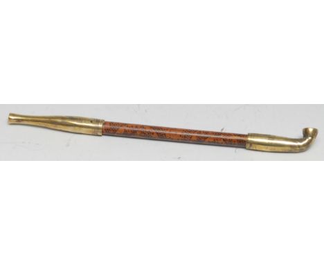 A Chinese opium pipe, penwork shaft, 20cm long 