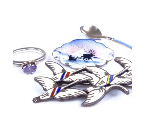 Various Scandinavian jewellery, including Erik Magnussen, Danish sterling silver and enamel eneret brooch, Pandora ring etc, 