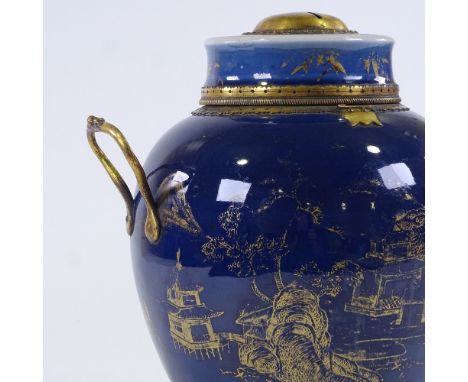 A Chinese powder blue glaze porcelain jar and cover, Kangxi Period, with gilt-bronze hinges and mounts, gilt-bronze handle an