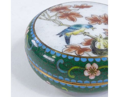 A Chinese cloisonne enamel circular box, with bird and nest decorated lid, diameter 10.5cmPerfect condition 