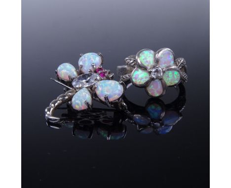 A silver Gilson opal and white sapphire floral ring, and a similar silver opal and stone set dragonfly brooch, ring size Q, 1