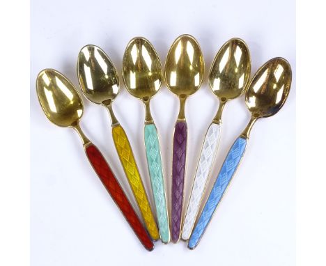 ABSA - a set of 6 Danish vermeil sterling silver and harlequin coloured enamel coffee spoons, spoon length 9.5cmAll in very g