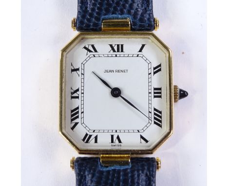 JEAN RENET - a lady's Vintage 18ct gold mechanical wristwatch, white dial with black painted Roman numeral hour markers, cabo