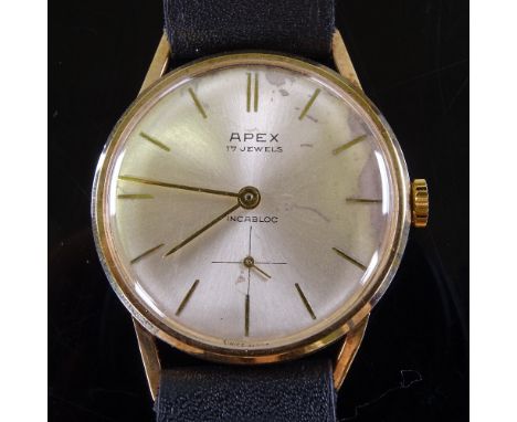 APEX - a Vintage 9ct gold Incabloc mechanical wristwatch, circa 1967, silvered dial with gilt baton hour markers and subsidia