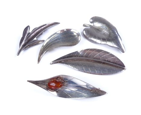 HERMANN SIERSBOL - 5 Danish sterling silver leaf brooches, including amber example, largest length 63.5mm, 22.6g total (5)All