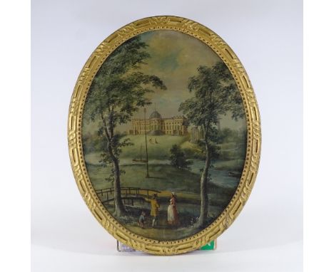 19th century oval oil on canvas, Continental parkland gardens, unsigned, 28" x 21", framedSeveral tiny patch repairs, general