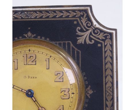 An early 20th century Continental silver and black enamel-framed 8-day mantel clock, champagne dial with Arabic numerals and 