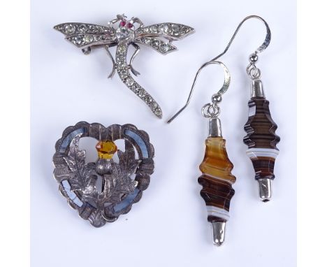 Various jewellery, including Scottish thistle design silver banded agate and citrine heart brooch, pair of banded agate earri