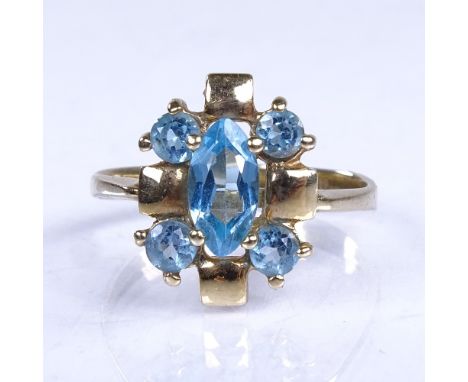 A late 20th century 14ct gold blue topaz dress ring, setting height 13.7mm, size K, 2.7gVery good original condition, no dama