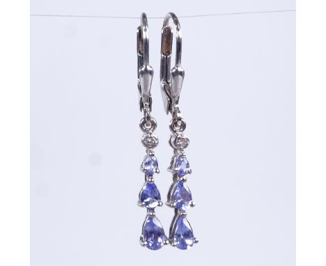 A modern pair of sterling silver pear-cut tanzanite and diamond pendant earrings, earring height excluding fitting 18.6mm, 1.