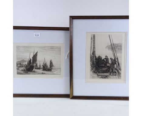 J Dobie, etching, Hastings fishing boats, 1882, and Colin Hunter, etching, shaking the nets, 1880, framed (2) 