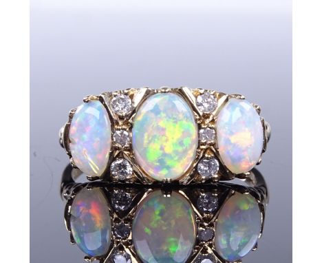 A modern 9ct gold cabochon opal and diamond half hoop ring, setting height 9mm, size R, 3.6gExcellent original condition, all