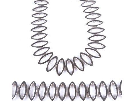 A modern sterling silver marquise panel matching necklace and bracelet set, necklace length 44cm, bracelet length 19cm, 109.8
