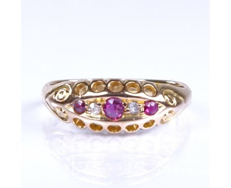 An early 20th century 18ct gold graduated 5-stone ruby and diamond half hoop ring, hallmarks Chester 1910, setting height 6.8