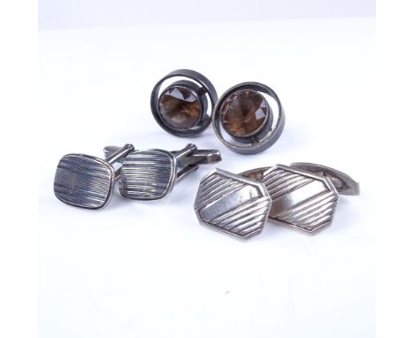 3 pairs of Danish stylised sterling silver cufflinks, makers include Niels Erik From and Christian Veilskov, 37.3g total (3 p