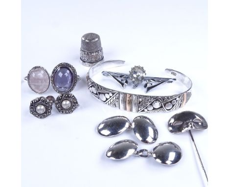 Various silver jewellery, including Venetian mask tie pin, pair of cufflinks, bangle etc, 60g grossLot sold as seen unless sp
