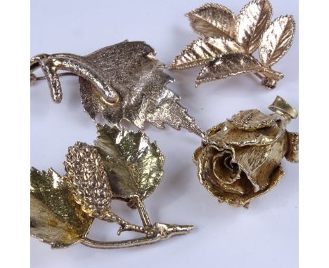 Various Danish sterling silver-gilt floral brooches and pendant, makers include Flora Danica, Askim etc, largest length 61.4m