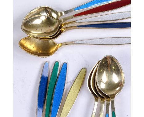 GEORG JENSEN - a Vintage set of 13 Danish sterling silver-gilt harlequin coloured enamel coffee spoons, spoon length 9.5cm, 4