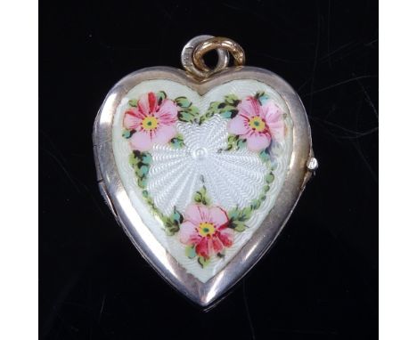 A Vintage Continental silver and floral enamel heart-shaped locket pendant, pendant height excluding bale 26.5mm, 5g grossGoo