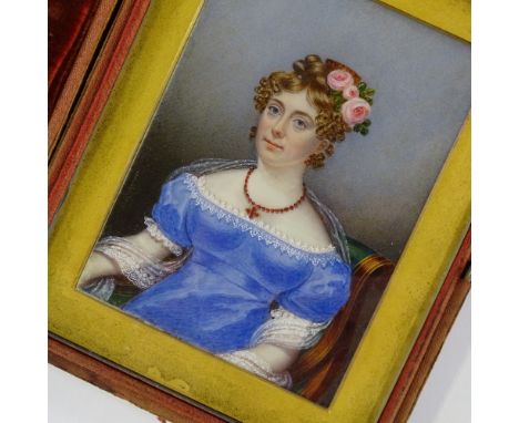 19th century watercolour on ivory, portrait of a lady seated in a chair, unsigned, in original Morocco leather case, case siz