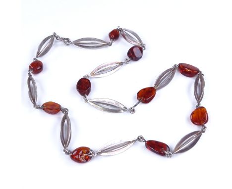 HERMANN SIERSBOL - a Vintage Danish stylised sterling silver and specimen Baltic amber bead necklace, necklace length 50cm, 1