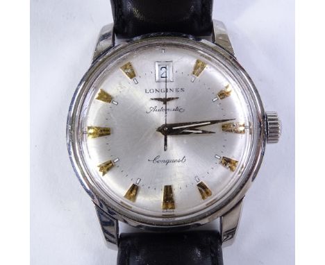 LONGINES - a Vintage stainless steel Conquest automatic wristwatch, ref. L1.611.4, silvered dial with gilt tapered baton hour