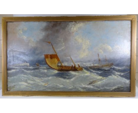 19th century oil on canvas, shipping on rough seas, 24" x 40", framedOne small patch repair in top right-hand corner, general