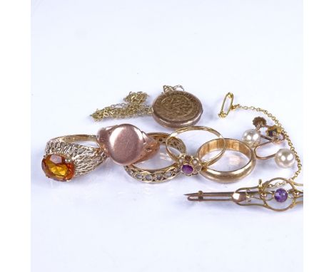 Various gold jewellery, including 9ct citrine abstract ring, unmarked ruby and split pearl ring etc, 22.7g grossLot sold as s