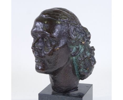 M Jovy, patinated bronze sculpture, woman's head on marble plinth, signed, height 16.5" 