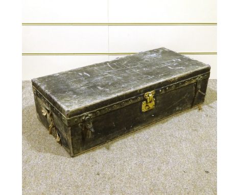 LOUIS VUITTON - canvas covered car trunk, circa 1900, brass locks with original label inside lid, 90cm x 40cm x 25cm 