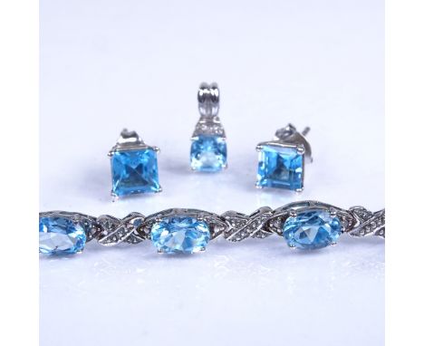 A modern blue topaz and diamond jewellery demi-parure, comprising 9ct white gold pendant (0.6g), sterling silver bracelet (8.