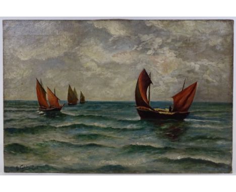 E Gibbons, watercolour, sailing barges, 1920, signed, 16" x 24", unframedSeveral small patch repairs, generally good clean co
