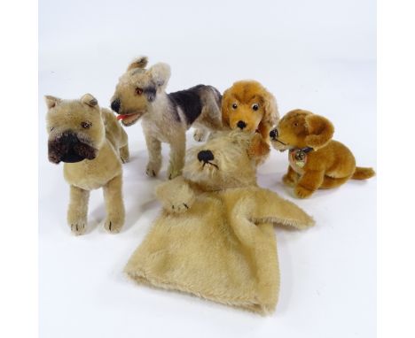 5 Vintage Steiff dogs, comprising Arco German Shepherd, Sarras Boxer dog, Revue Susie Cocker Spaniel, Bazi Dachshund, and Fox