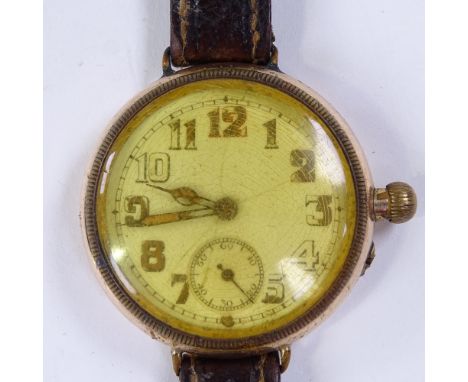 A First War Period gold plated Borgel mechanical wristwatch, white enamel dial with Arabic numerals, luminous hands and subsi