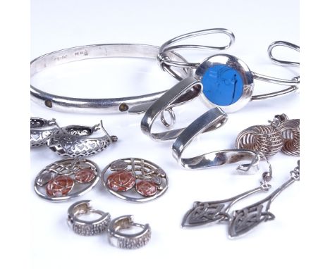 Various Scandinavian jewellery, including Finnish silver and enamel earrings, Mexican silver bangle etc, 67.4g grossLot sold 