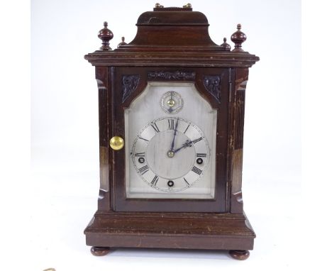 A 19th century mahogany-cased 8-day chiming bracket clock, silvered dial with Roman numeral hour markers, and movement chimin