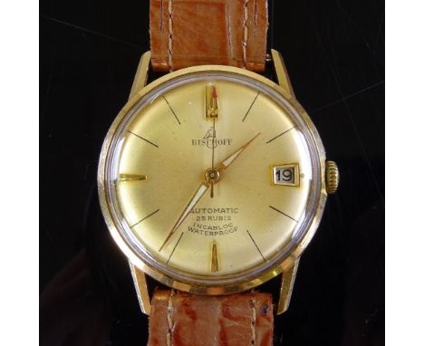 BISCHOFF - a Vintage 18ct gold Incabloc automatic wristwatch, champagne dial with baton hour markers, sweep seconds hand and 