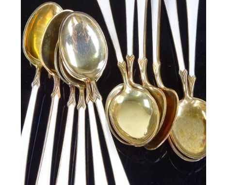 THEODOR OLSENS EFTF - a set of 12 Vintage Norwegian vermeil sterling silver and white enamel coffee spoons, spoon length 10cm