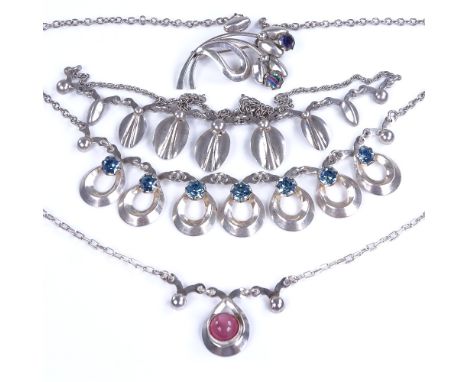 HERMANN SIERSBOL - 3 Vintage Danish stylised sterling silver stone set pieces of jewellery, comprising 2 necklaces and 1 broo