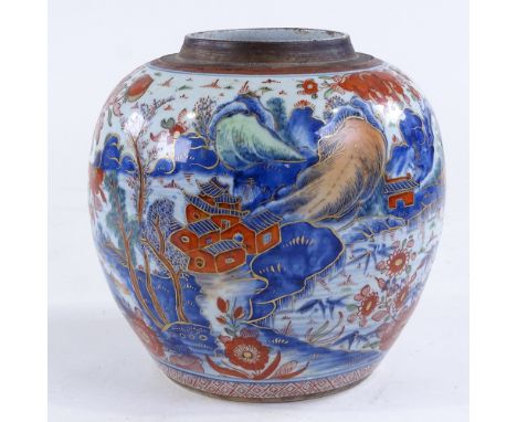 A Chinese 18th century Wucai porcelain vase, Kangxi Period, height 21cm, rim diameter 10cmHole drilled in side near the base,