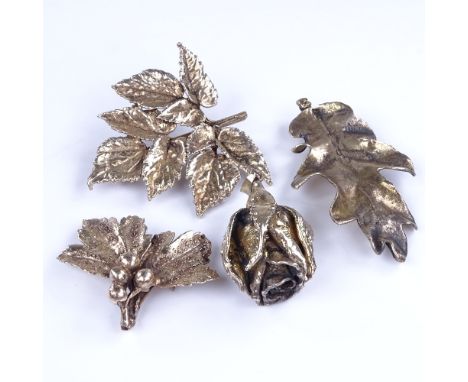 Various Danish stylised vermeil sterling silver floral brooches and pendant, maker's include Flora Danica, Askim, and Eriksen