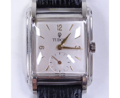 TUDOR - an Art Deco stainless steel mechanical wristwatch, silvered dial with gilt quarterly Arabic numerals and subsidiary s