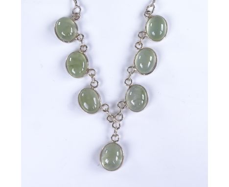 A modern sterling silver cabochon green agate line necklace, necklace length 44cm, 9gGood original condition, no damage or re