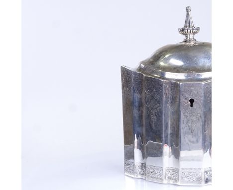 A late Victorian marquise-shaped silver tea caddy, in Georgian style, bright-cut floral engraved swag decoration, by John Edw