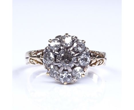 A 19th century unmarked high carat gold diamond cluster dress ring, total diamond content approx 0.5ct, setting height 10.4mm