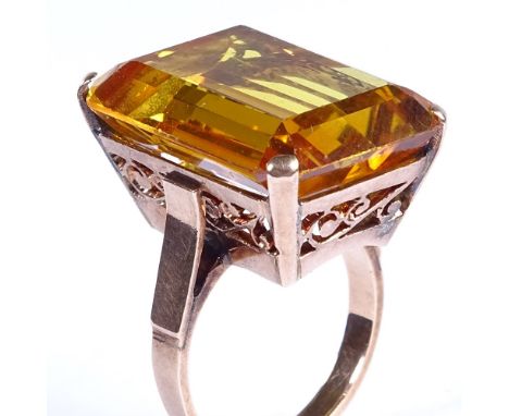 A late 20th century 14ct gold yellow sapphire? dress ring, sapphire dimensions: length - 21.06mm, width - 15.95mm, depth - 7.