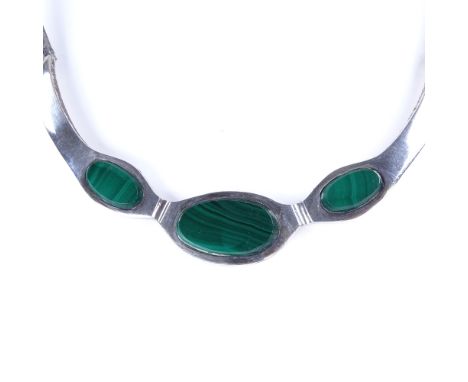 A Vintage Mexican sterling silver and malachite hinged neck torque, internal dimensions 11cm x 12cm, 92.1gVery good original 