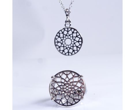 LINKS OF LONDON - a modern sterling silver Timeless collection matching ring and pendant necklace set, ring size N, necklace 