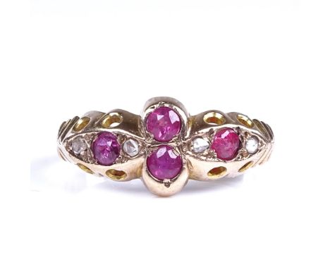 An early 20th century 9ct rose gold ruby and diamond half hoop ring, setting height 7.9mm, size M, 1.4gExcellent original con